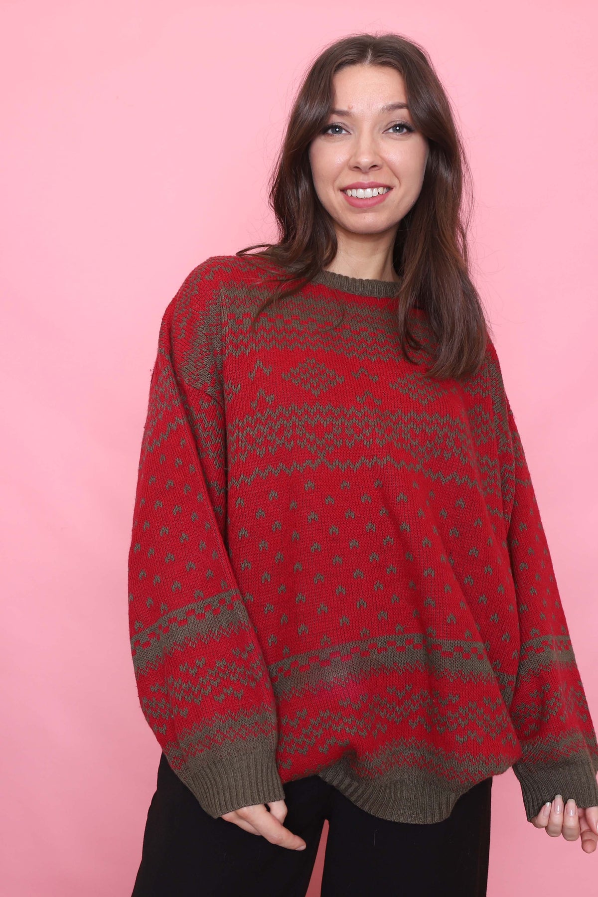 Vintage Red & Olive Pattern Knit Jumper