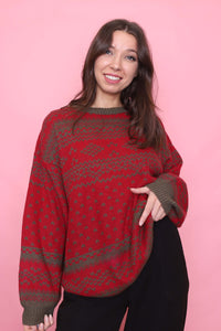 Vintage Red & Olive Pattern Knit Jumper
