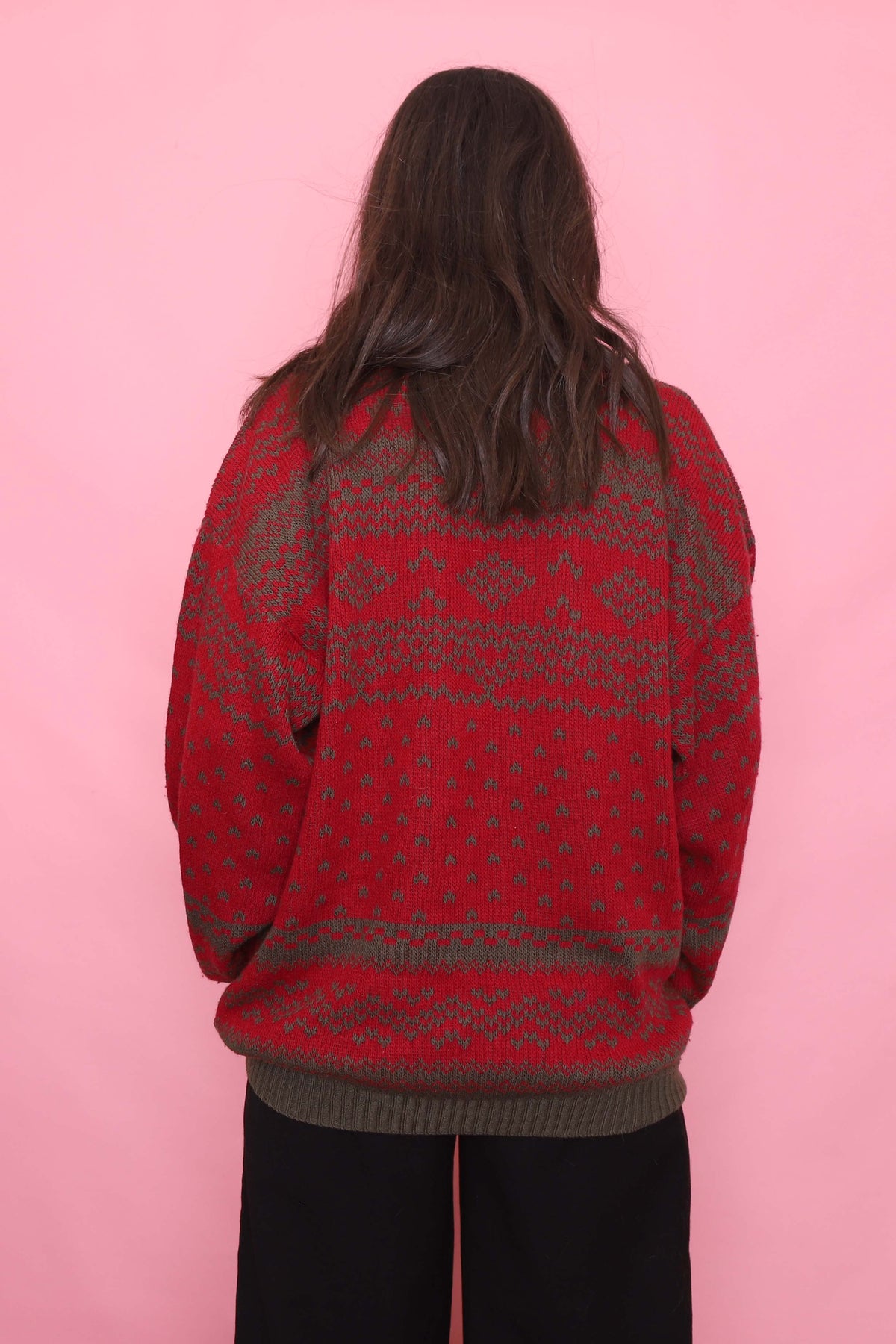Vintage Red & Olive Pattern Knit Jumper