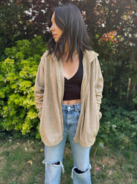 Vintage Beige Ribbed Zip-Up Fleece Jacket – Cozy Neutral Y2K Outerwear