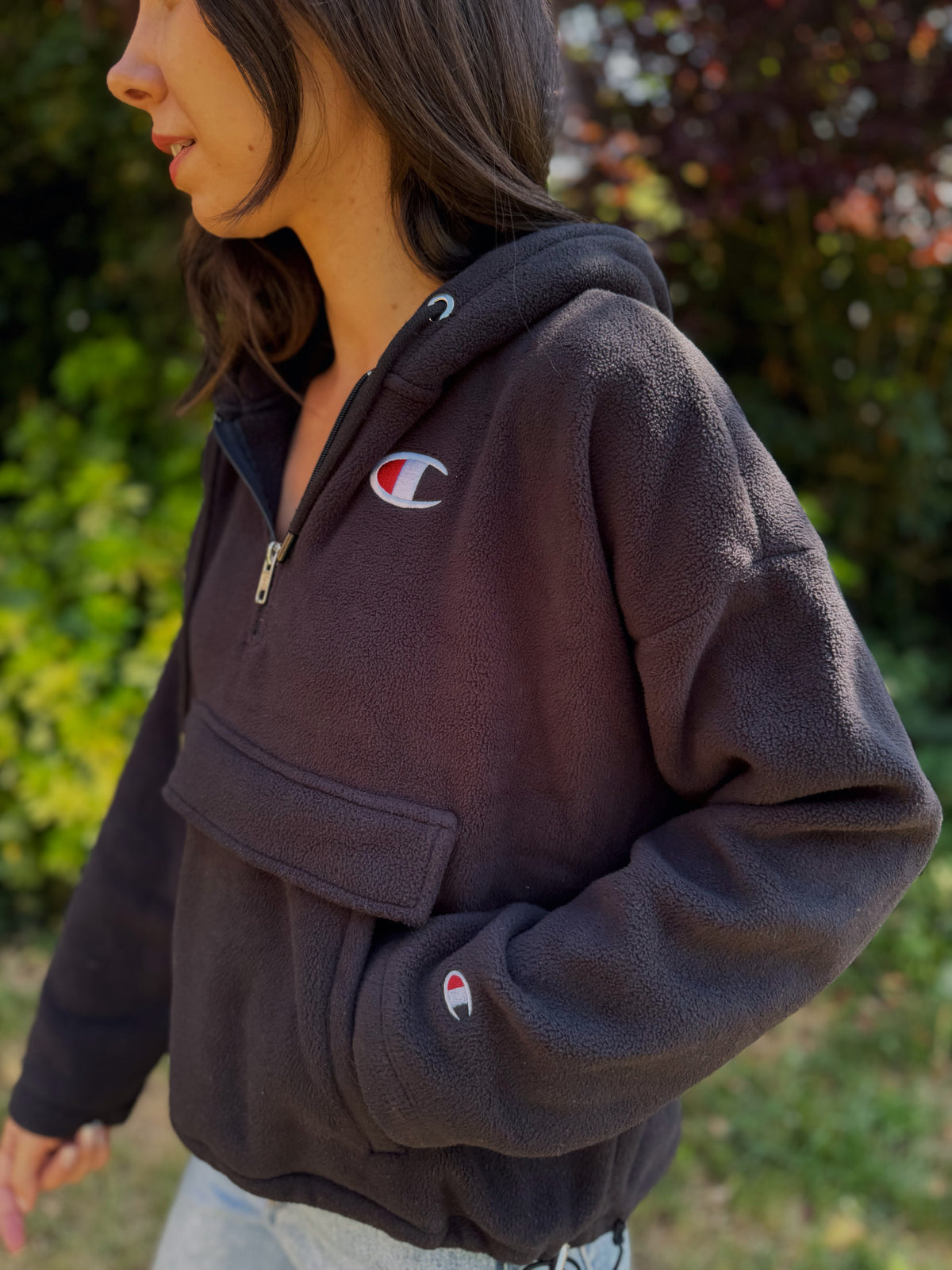 Vintage Champion 1/4 Zip Black Fleece Hoodie with Logo