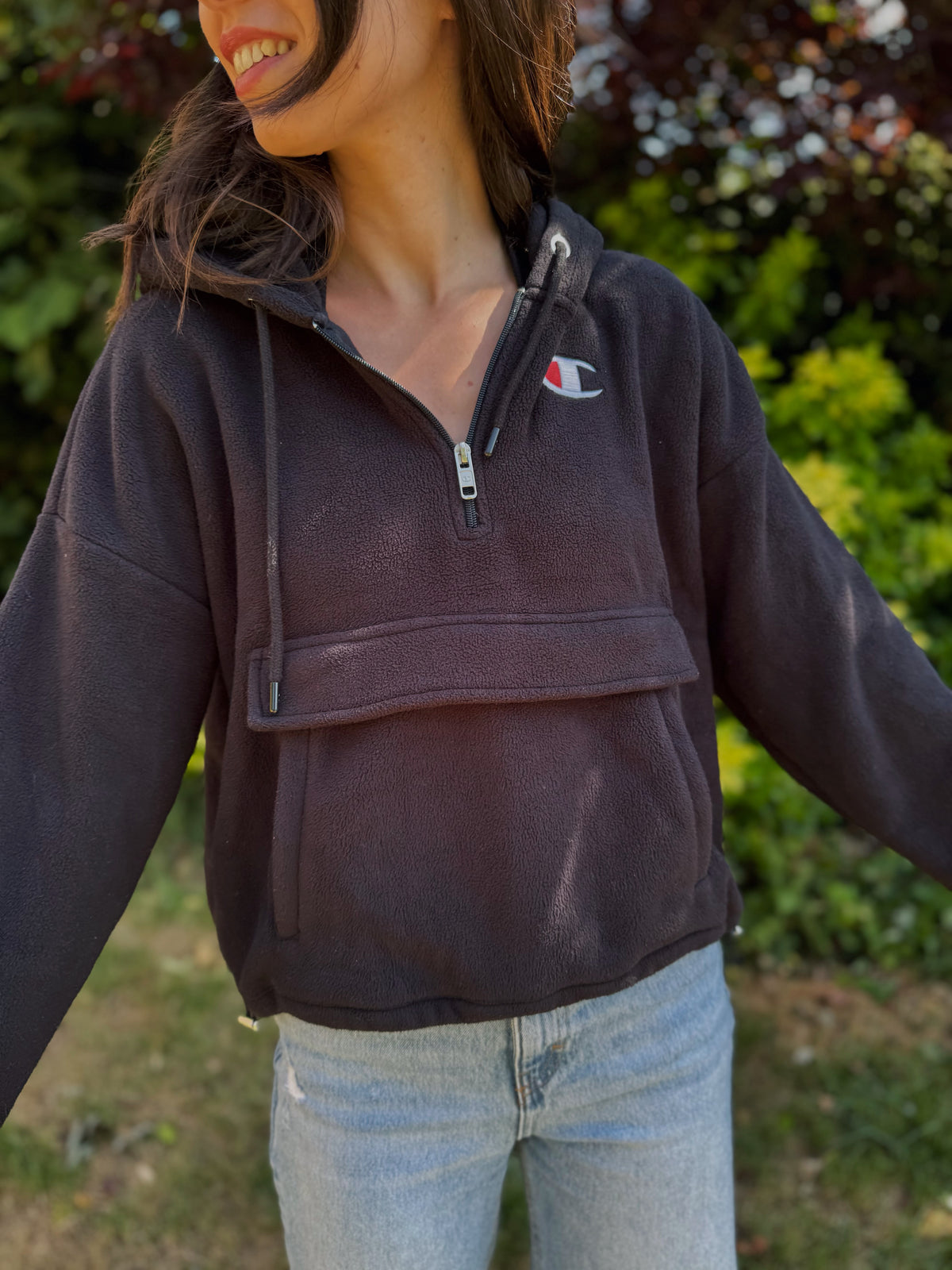 Vintage Champion 1/4 Zip Black Fleece Hoodie with Logo