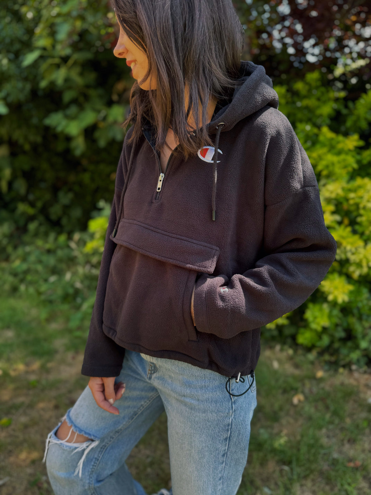 Vintage Champion 1/4 Zip Black Fleece Hoodie with Logo