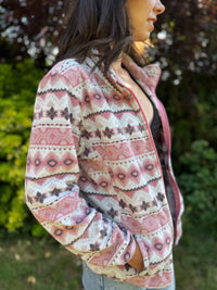 Vintage Pink Patterned Zip-Up Fleece Jacket with Fair Isle Print