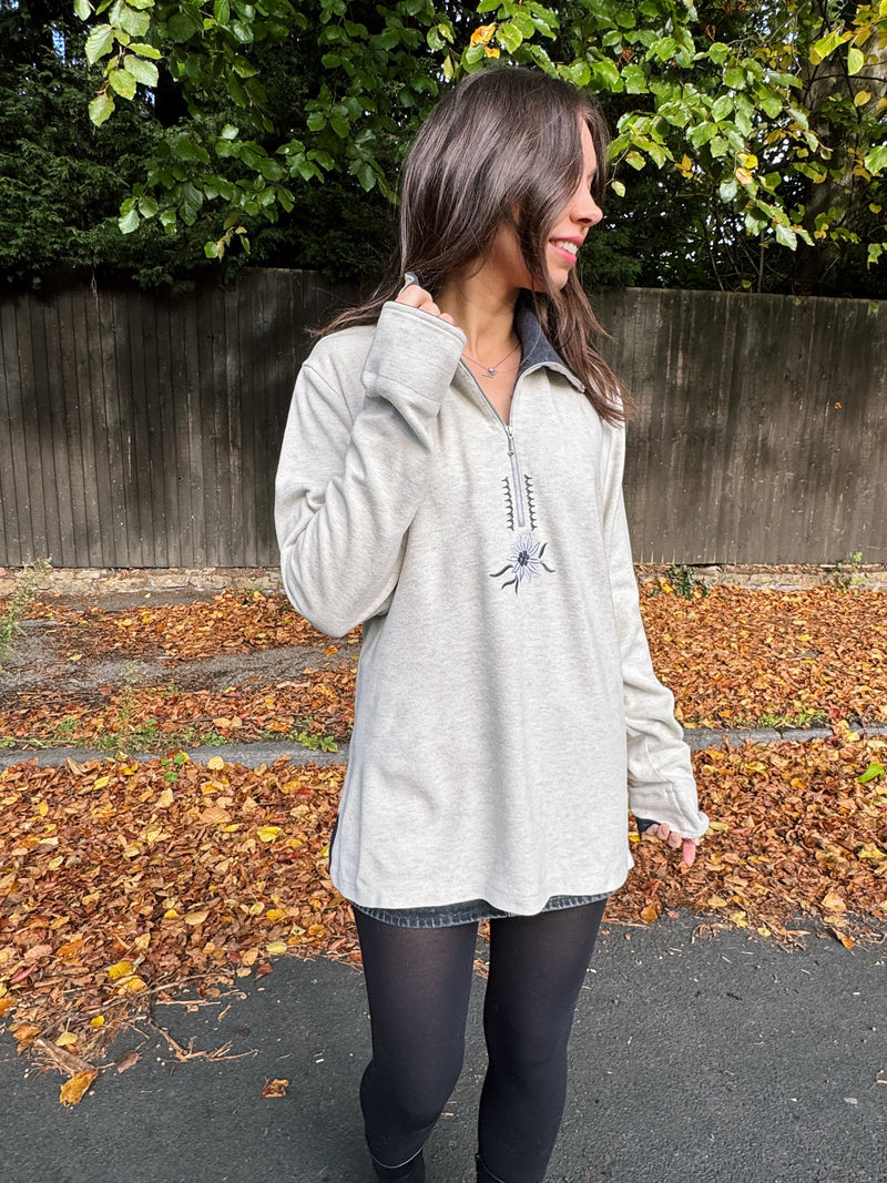 Vintage Light Grey Embroidered 1/4 Zip Fleece Top