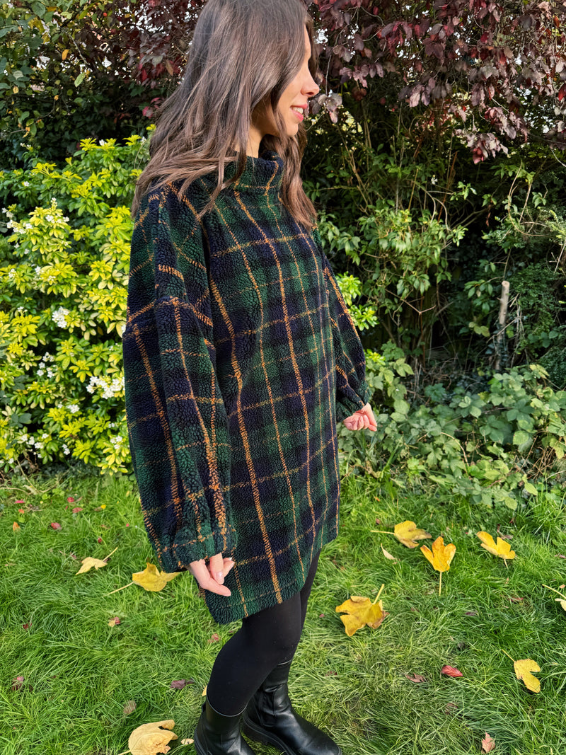 Vintage Green & Navy Oversized Tartan Teddy Fleece Pullover
