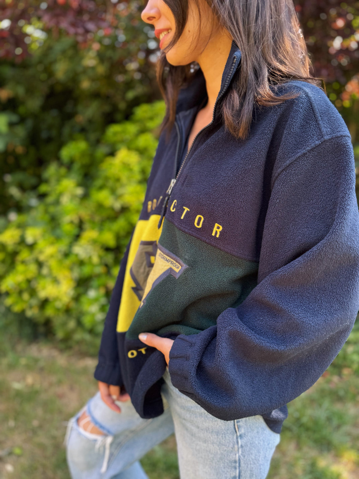 Vintage Embroidered Colour Block 1/4 Zip Fleece Jacket Navy Green Yellow