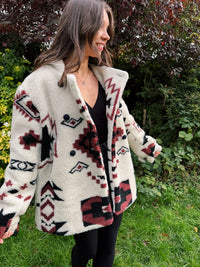 Retro Aztec Pattern Fleece Jacket With Hood