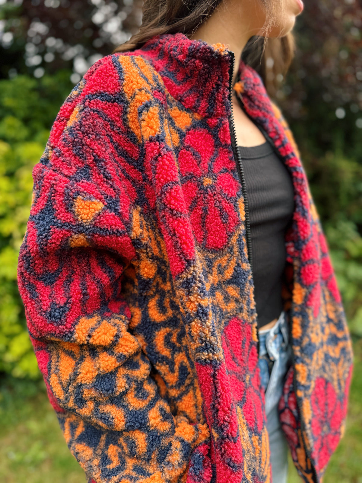 Retro Abstract Floral Zip Up Teddy Fleece Jacket