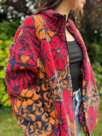 Retro Abstract Floral Zip Up Teddy Fleece Jacket