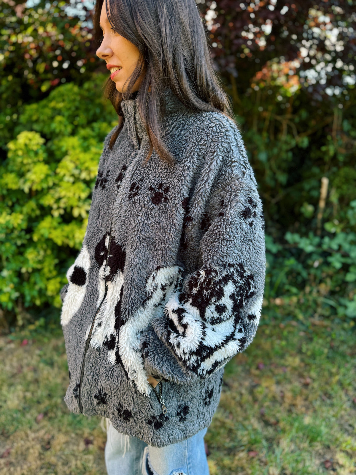 Vintage Dog Pattern Sherpa Teddy Fleece Jacket Grey