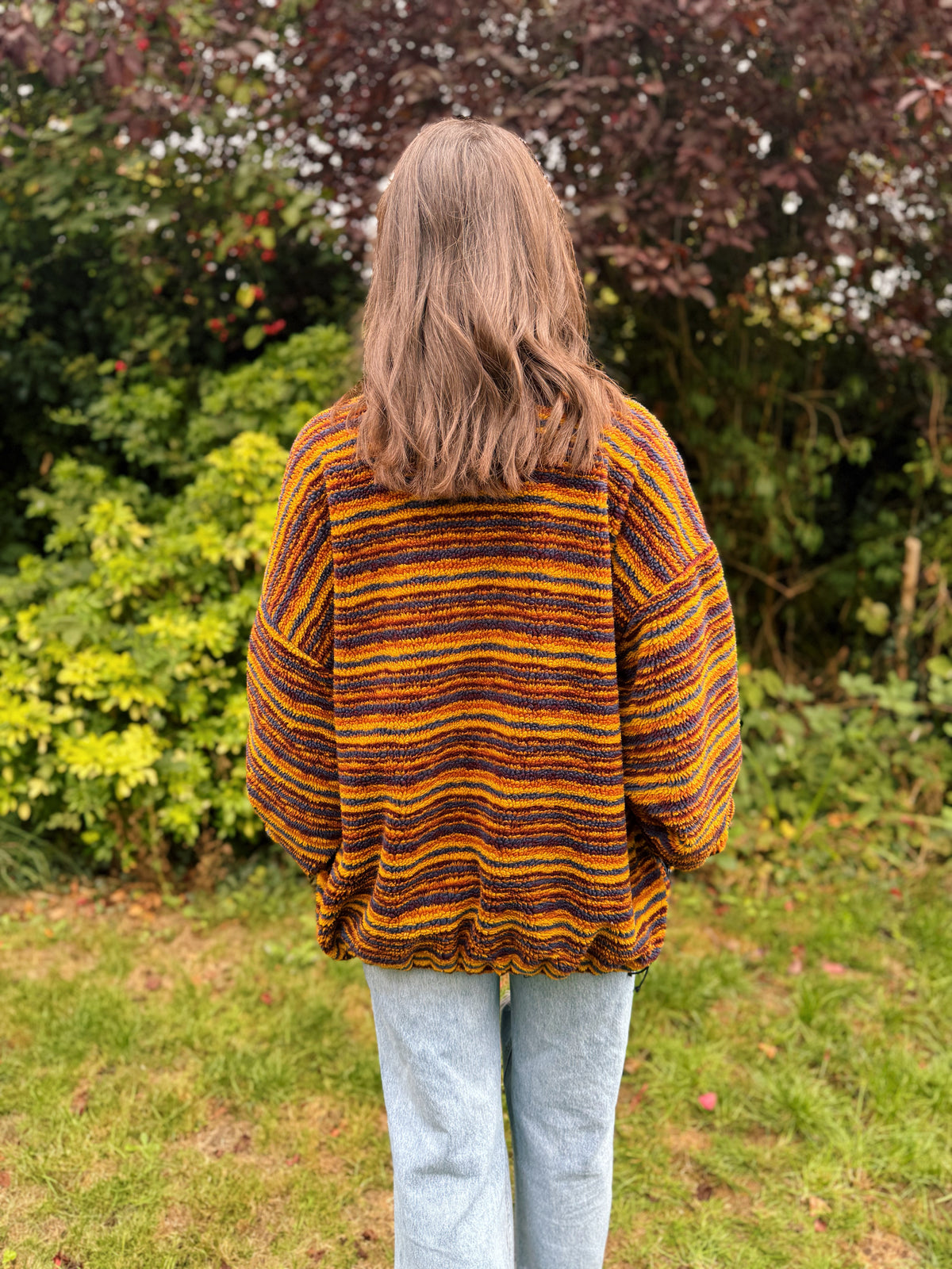 Vintage Striped Pattern Full Zip Teddy Fleece Jacket