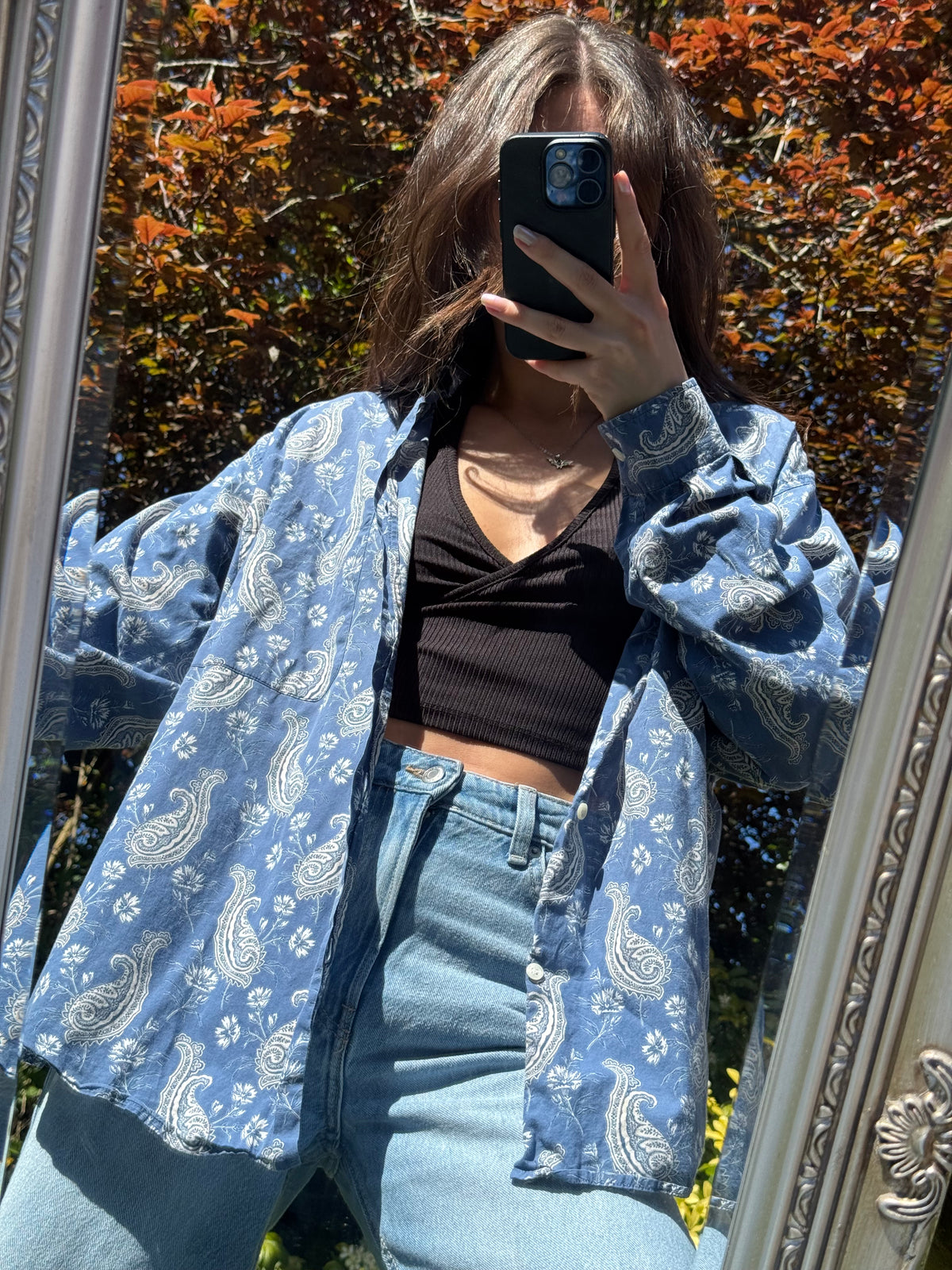 Vintage Paisley Print Shirt Blue Grey | Long Sleeve Abstract Pattern