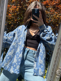 Vintage Paisley Print Shirt Blue Grey | Long Sleeve Abstract Pattern