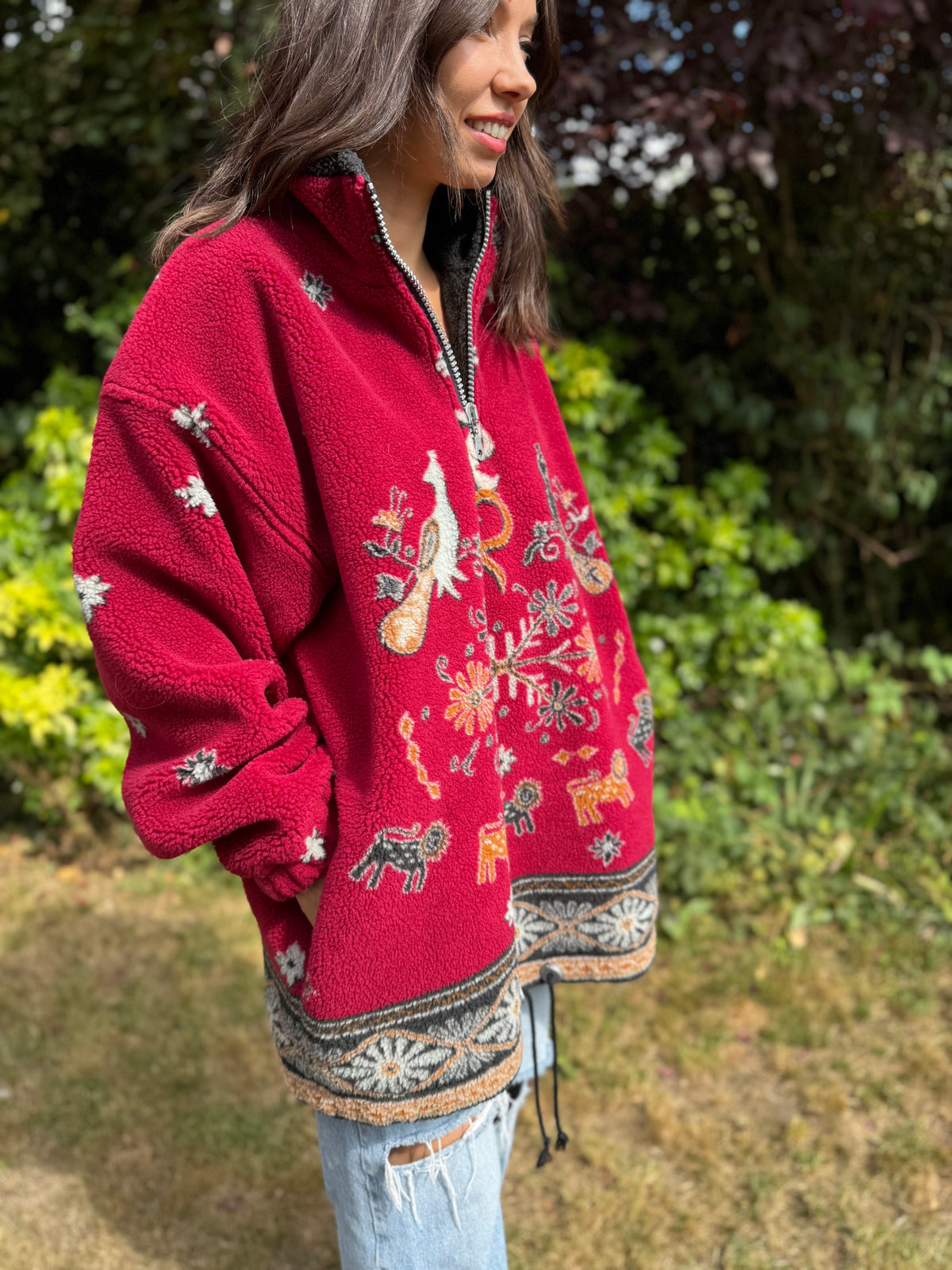 Vintage 1/4 Zip Teddy Borg Fleece Jacket with Folk Animal & Snowflake Pattern