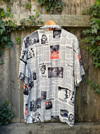 Retro Newspaper Print Shirt | Monochrome Graphic Short Sleeve