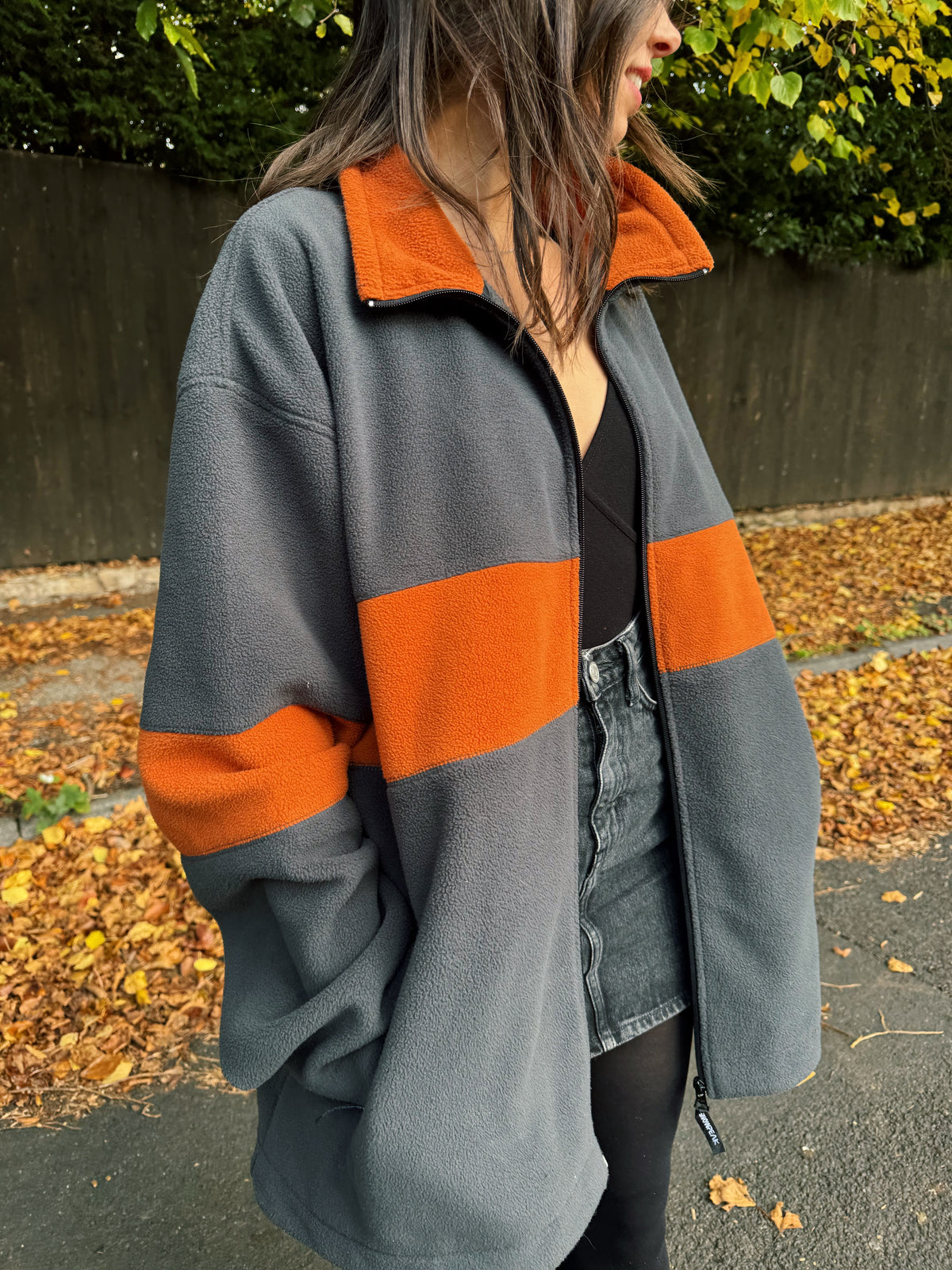 Vintage Charcoal & Burnt Orange Zip-Up Fleece Jacket