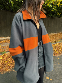 Vintage Charcoal & Burnt Orange Zip-Up Fleece Jacket
