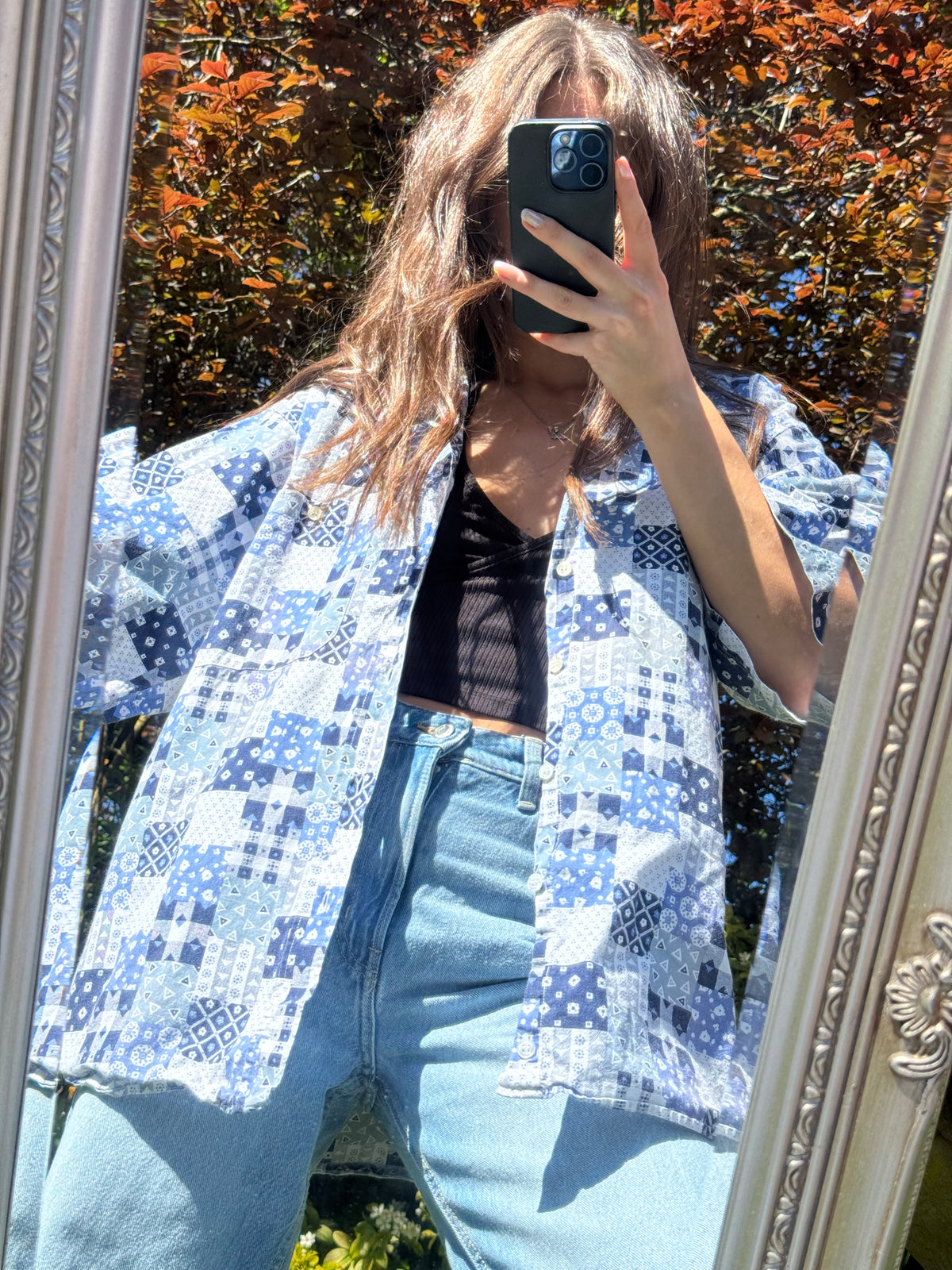 Vintage Patchwork Print Shirt | Blue Pattern Short Sleeve