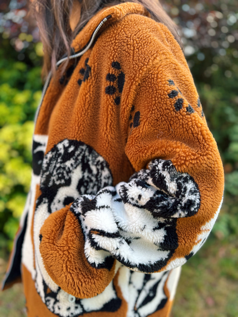 Vintage Dog Pattern Sherpa Teddy Fleece Jacket