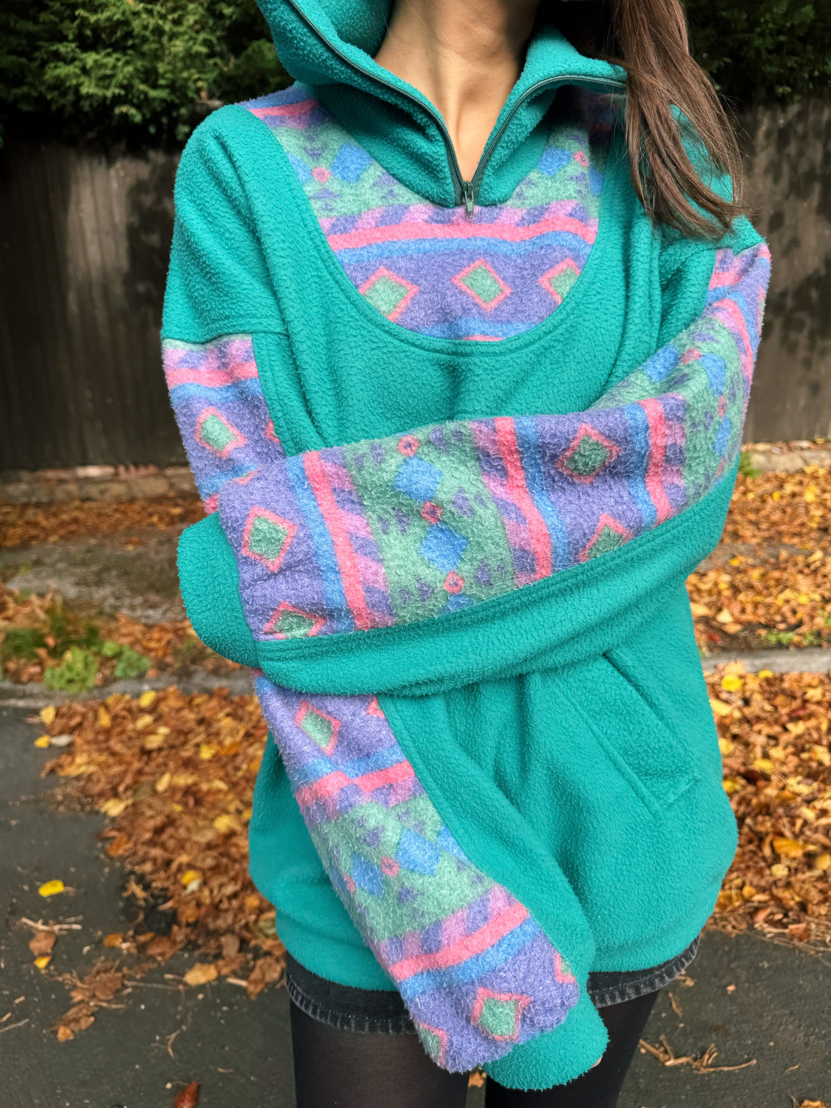 Vintage 90s Turquoise Patterned 1/4 Zip Fleece