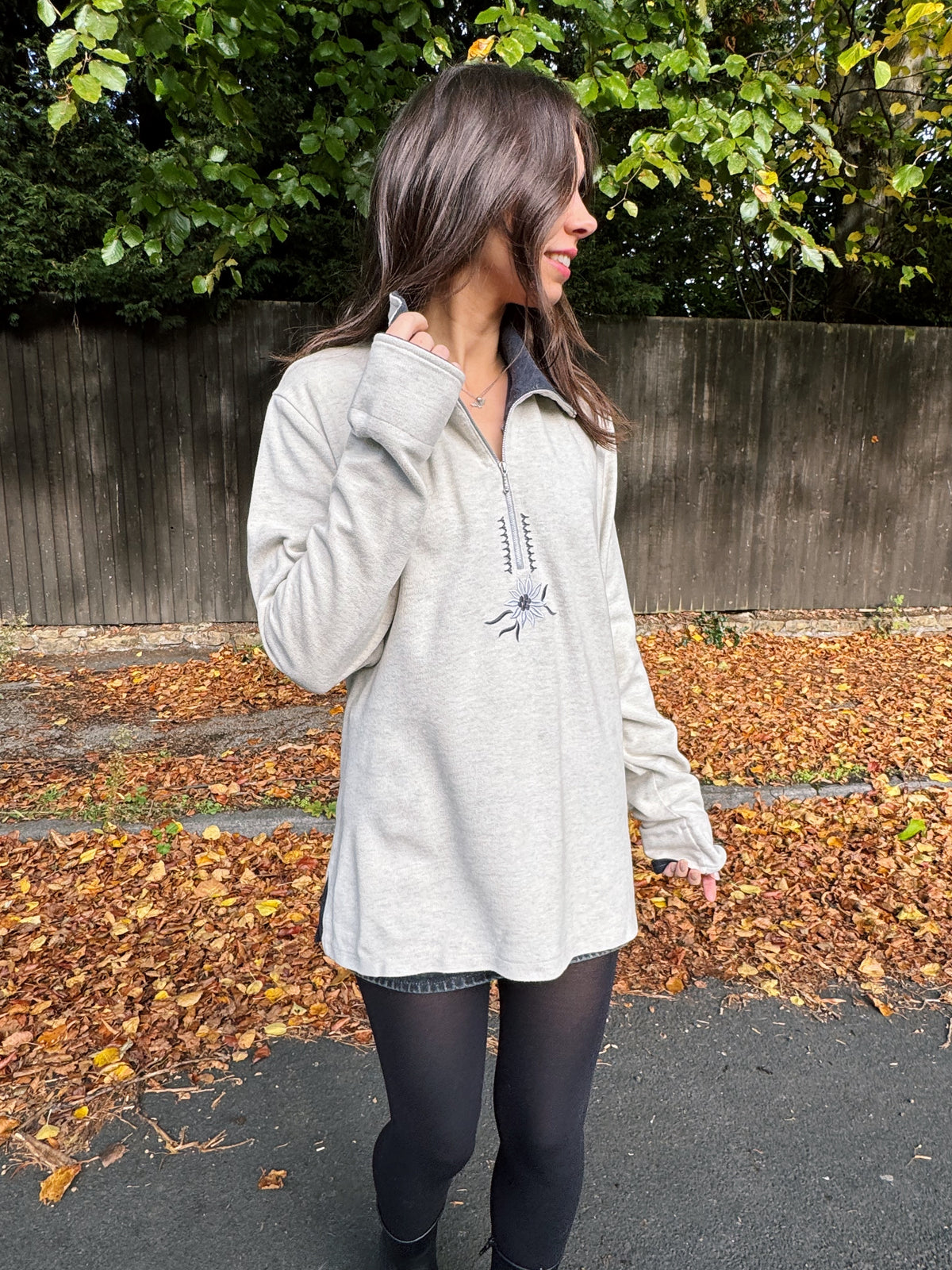 Vintage Light Grey Embroidered 1/4 Zip Fleece Top