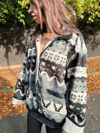 Vintage Patterned Button Up Fleece Jacket