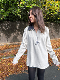 Vintage Light Grey Embroidered 1/4 Zip Fleece Top