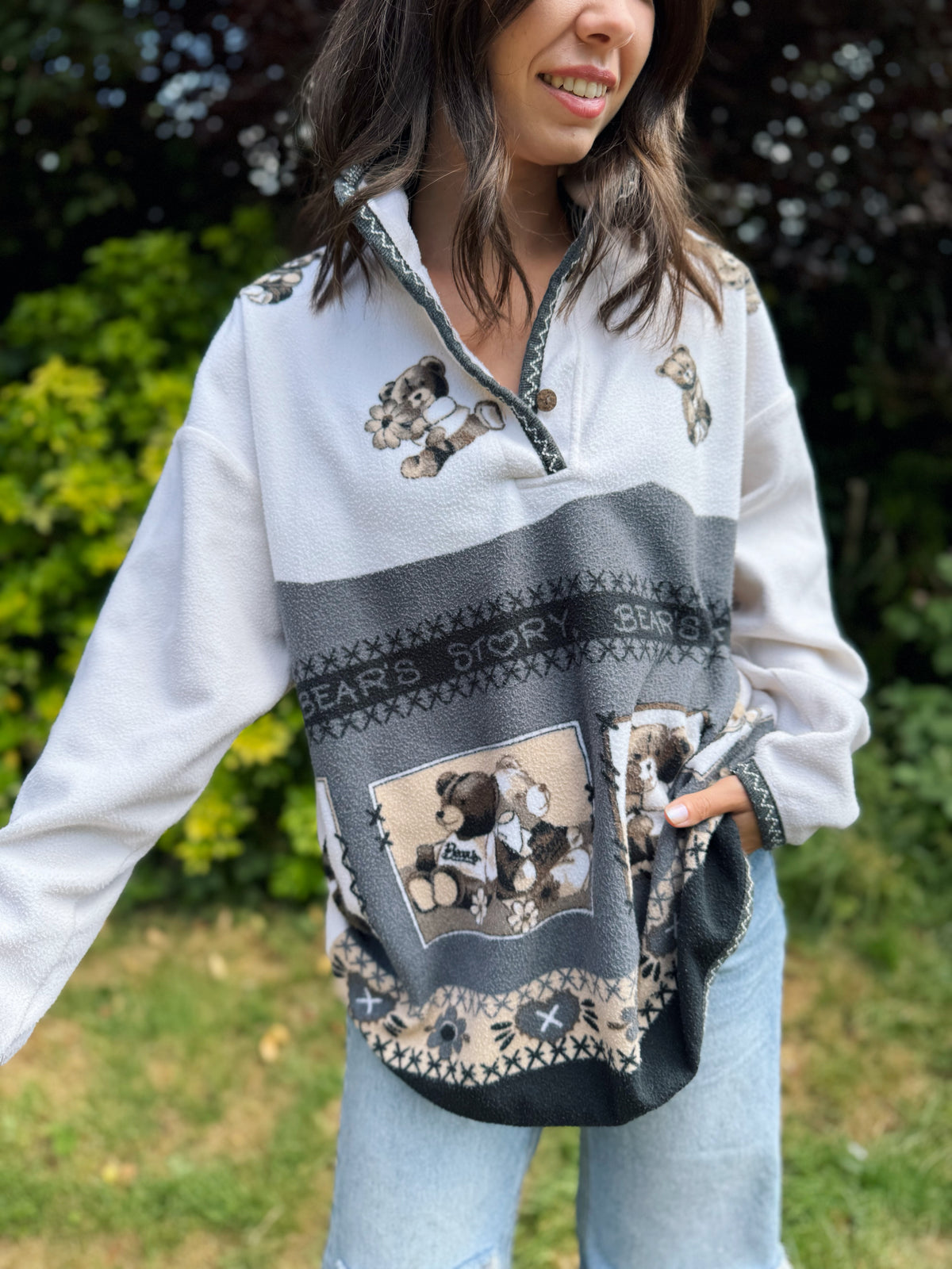 Vintage Teddy Bear Patterned 1/4 Button Fleece Jacket