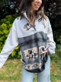 Vintage Teddy Bear Patterned 1/4 Button Fleece Jacket