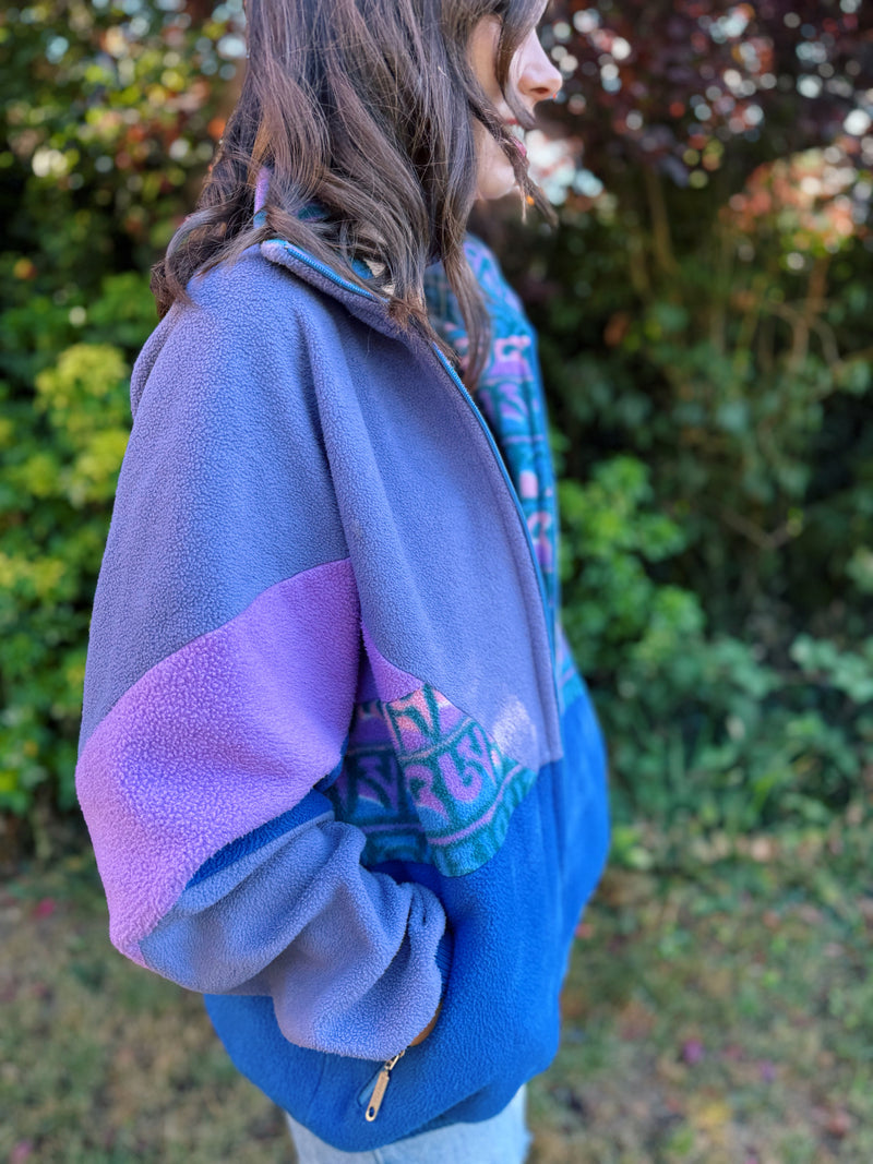 Vintage Colour Block Pattern Full Zip Polarlite Fleece Jacket Purple & Blue