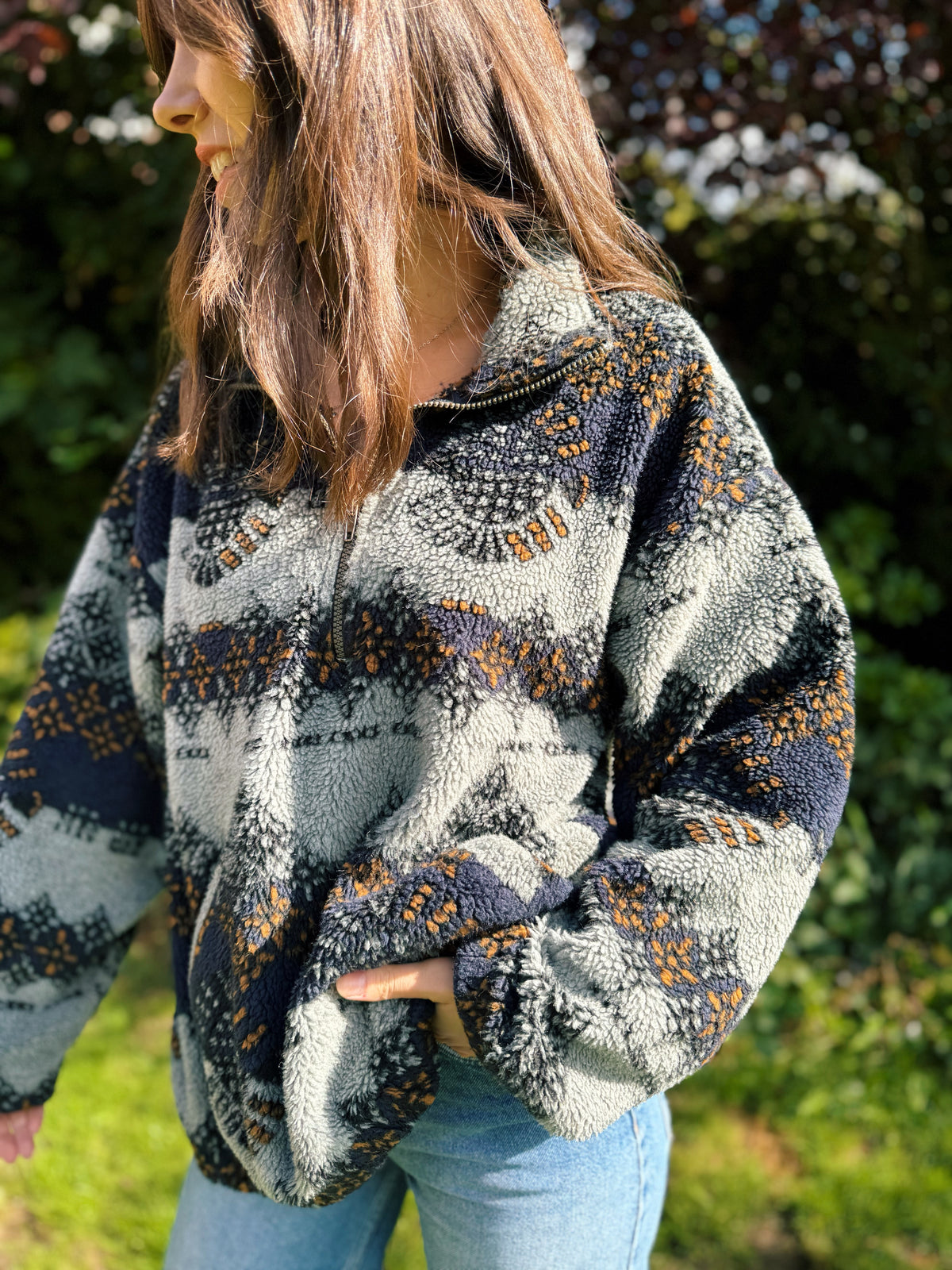 Vintage Abstract Pattern 1/4 Zip Teddy  Fleece Jacket