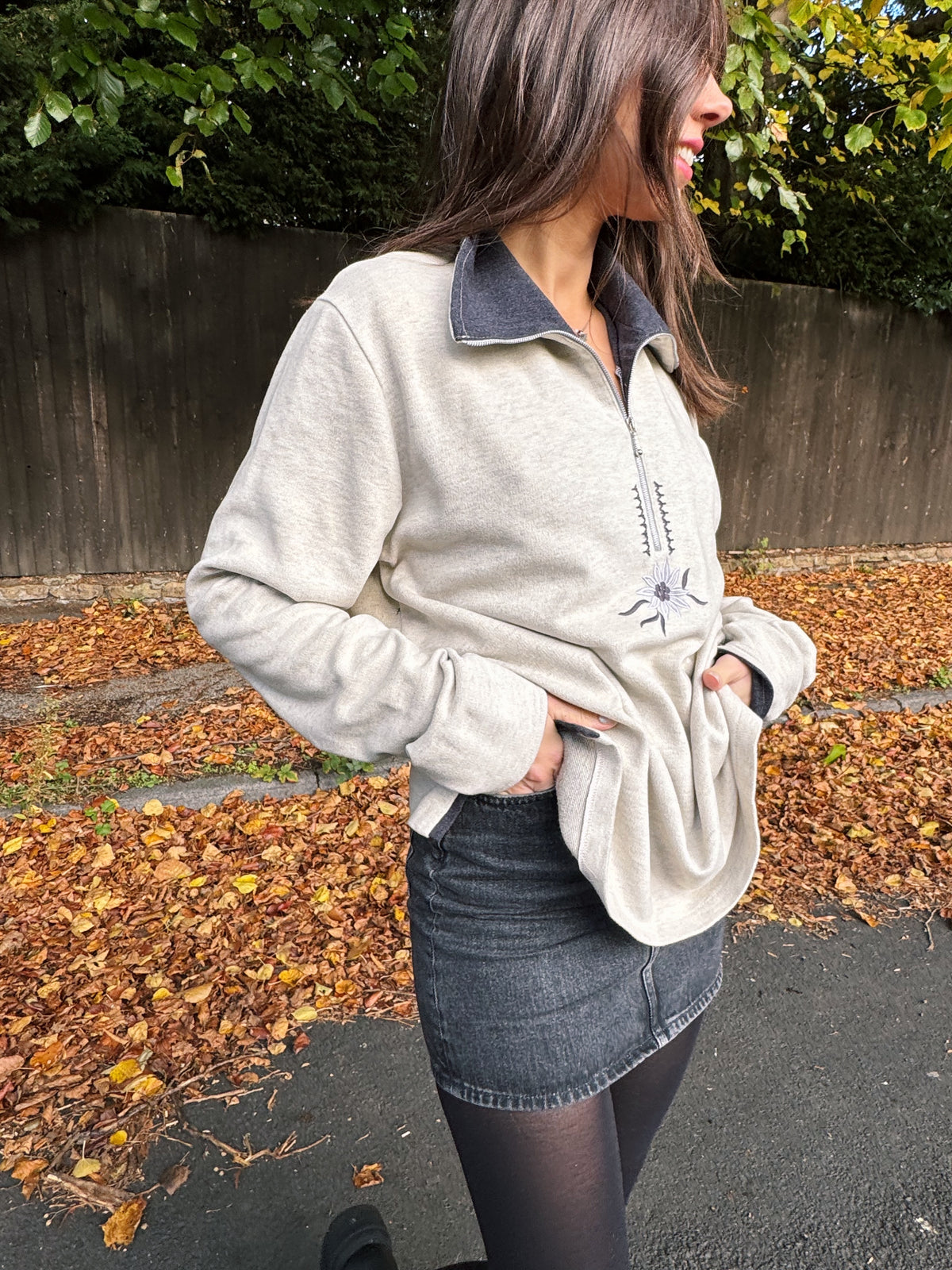 Vintage Light Grey Embroidered 1/4 Zip Fleece Top