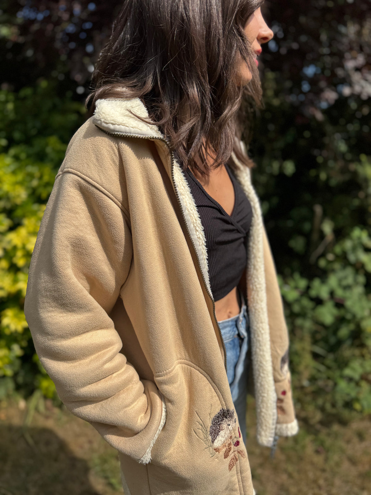 Vintage Embroidered Hedgehog Sherpa Fleece Jacket