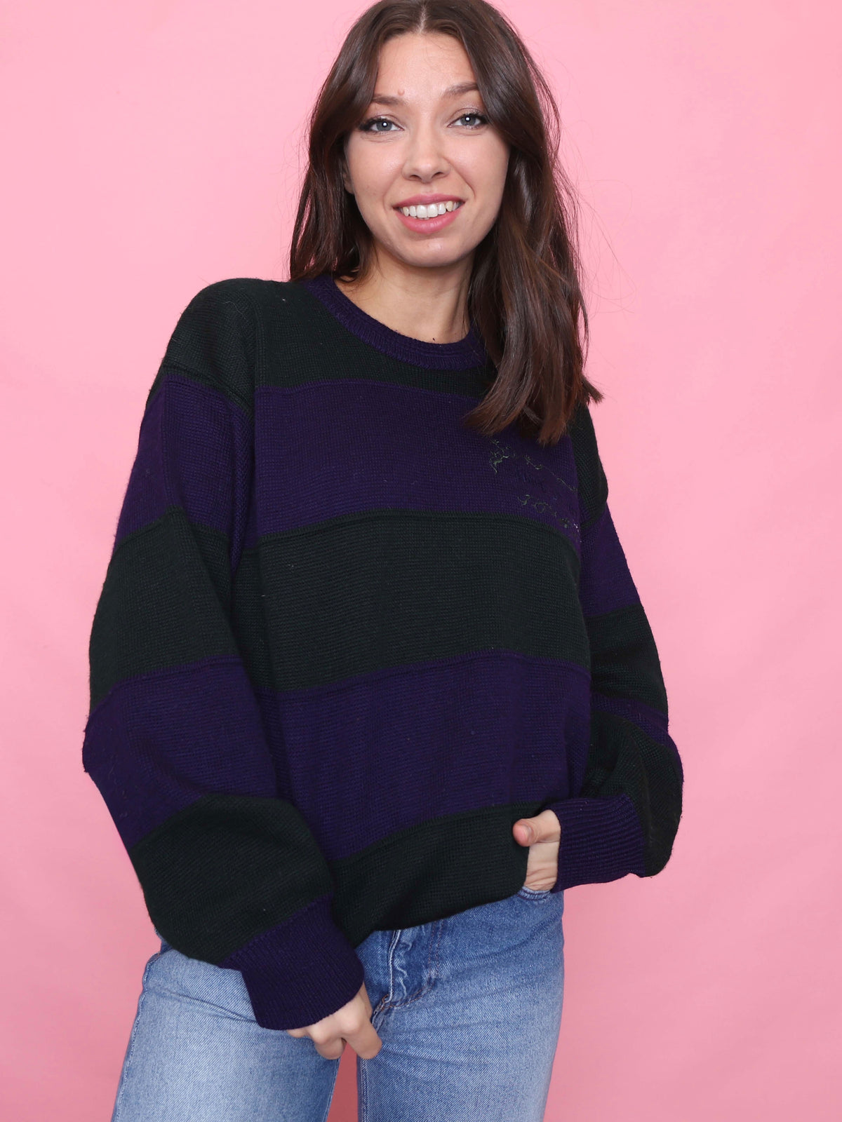 Vintage Purple & Green Striped Knit Jumper