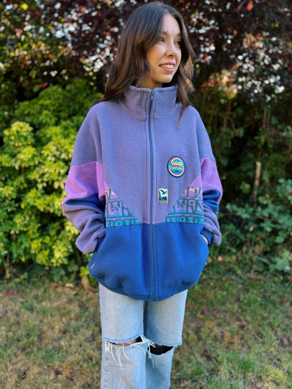Vintage Colour Block Pattern Full Zip Polarlite Fleece Jacket Purple & Blue