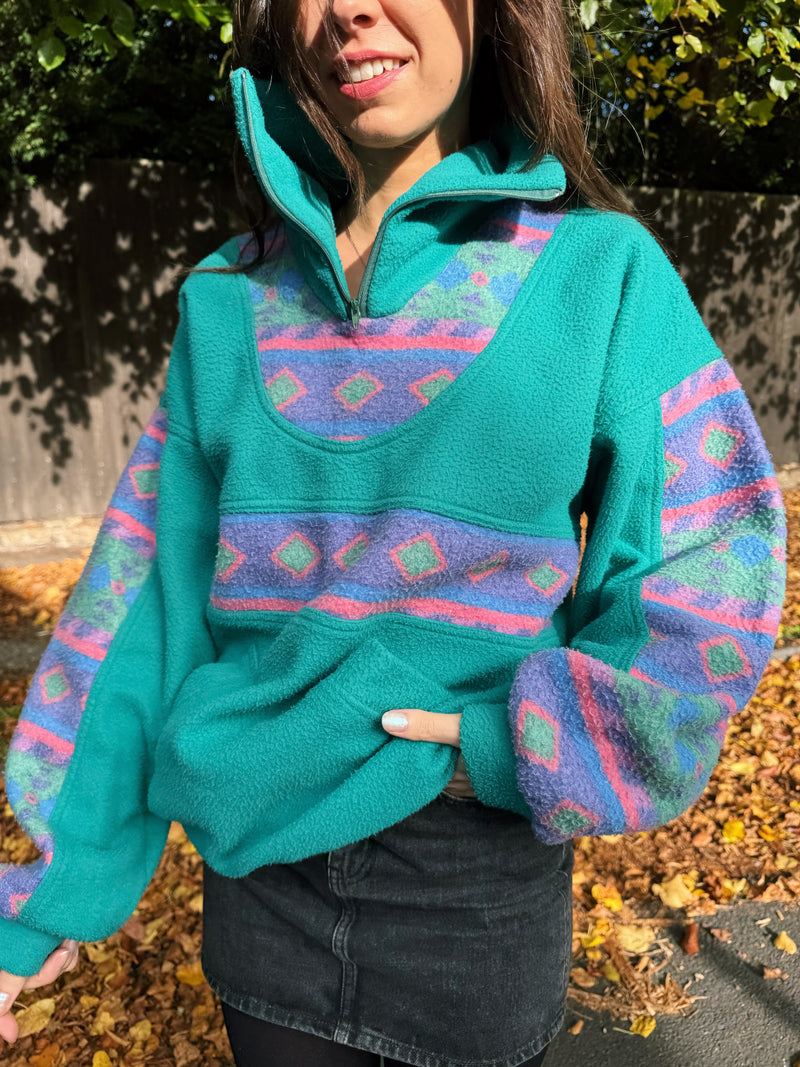 Vintage 90s Turquoise Patterned 1/4 Zip Fleece