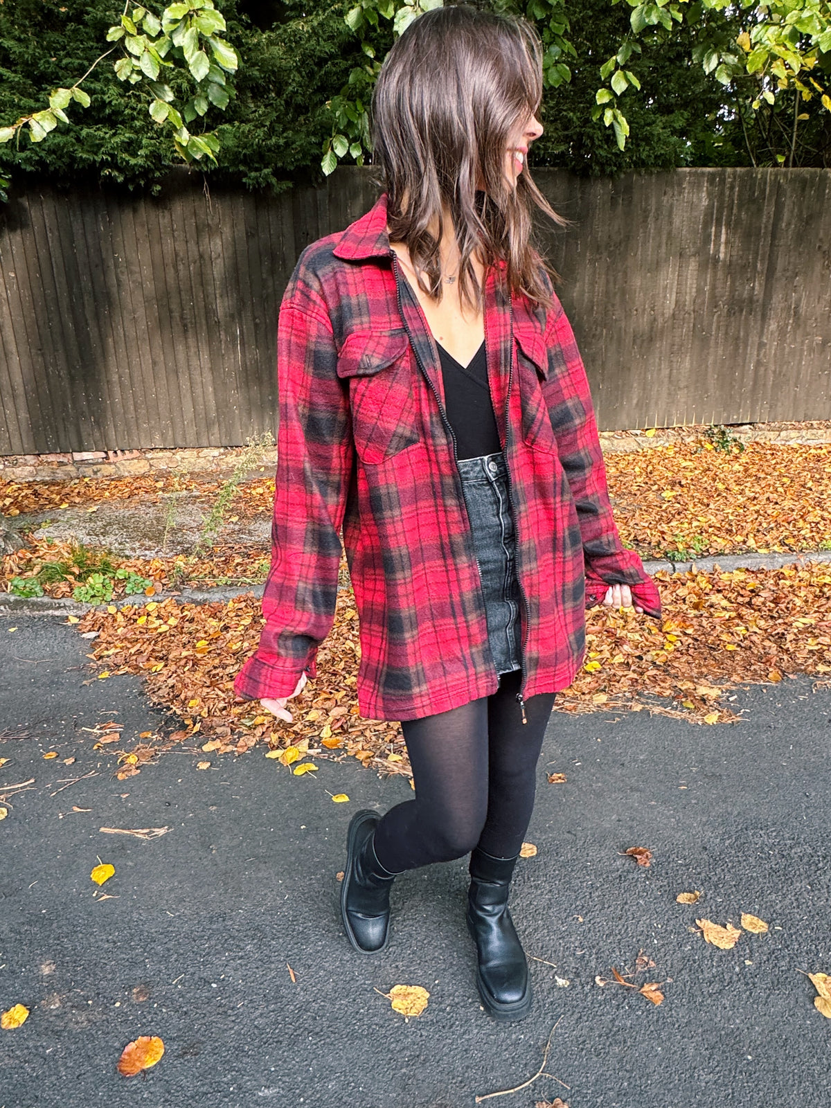 Vintage Red & Black Check Flannel Fleece Zip Up Shirt