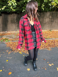 Vintage Red & Black Check Flannel Fleece Zip Up Shirt