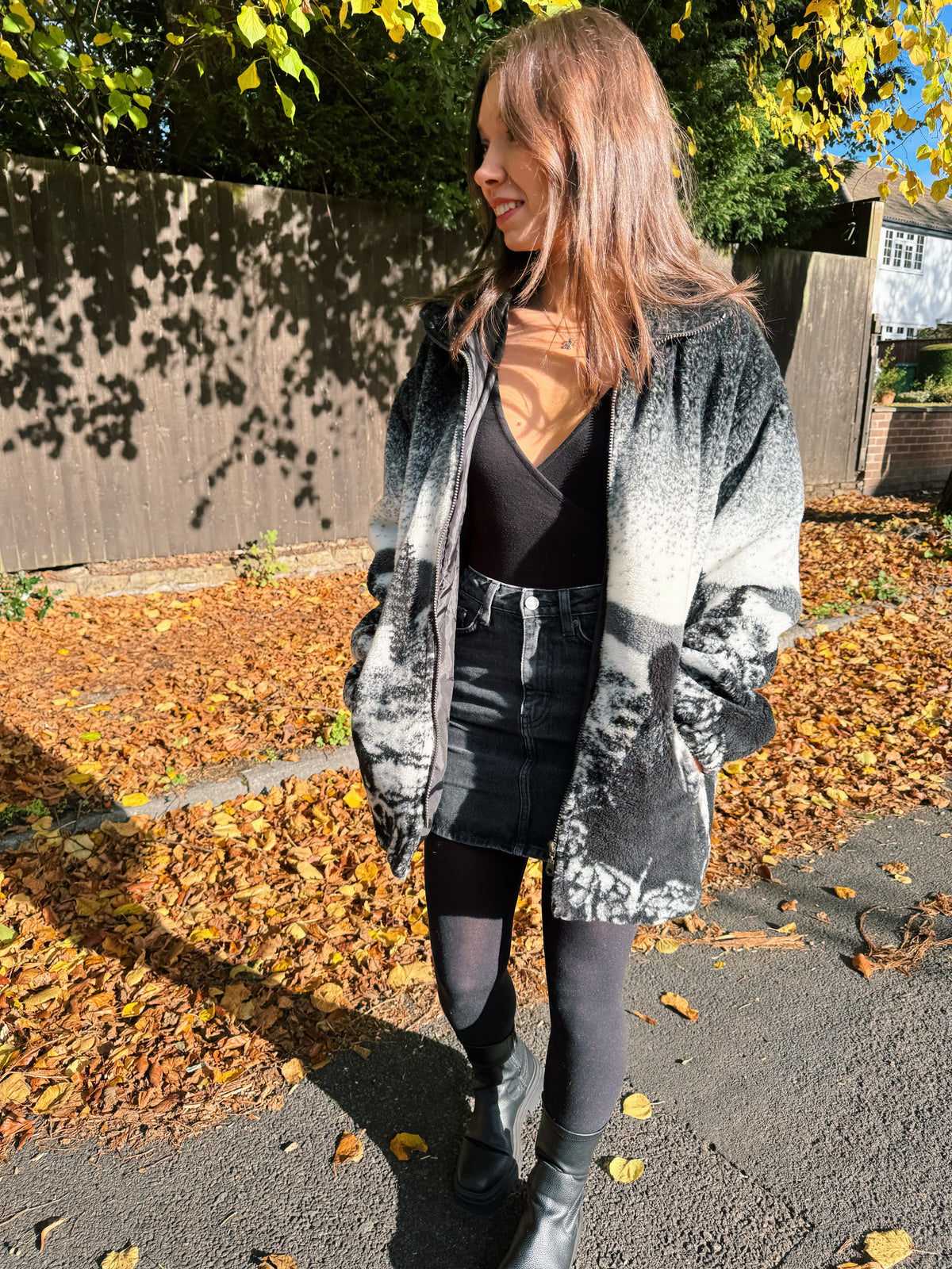 Vintage Mountain Bear Print Full Zip Teddy Fleece Jacket