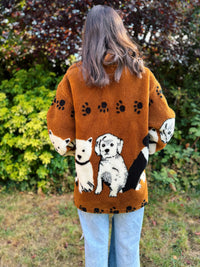 Vintage Dog Pattern Sherpa Teddy Fleece Jacket