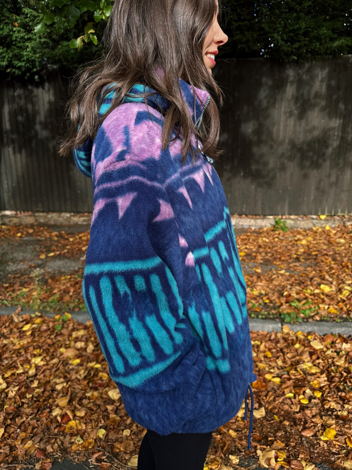 Vintage 90s Abstract Pattern Fleece Jacket With Hood
