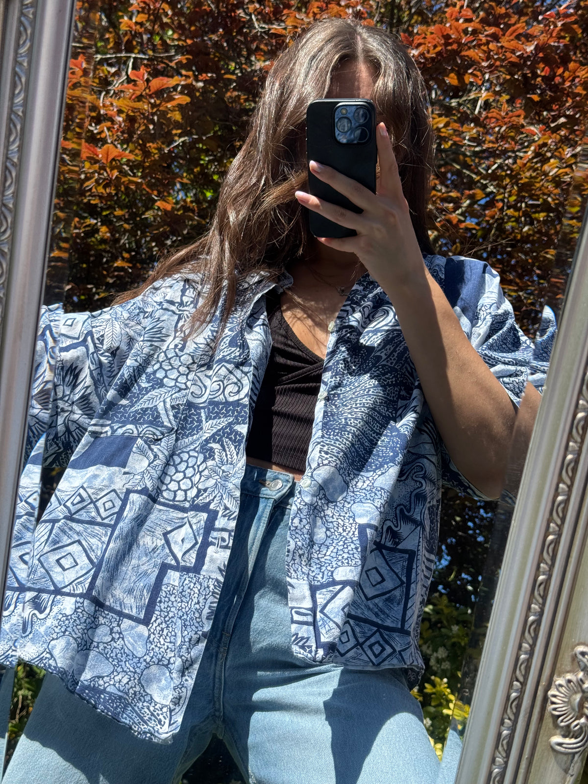 Vintage Abstract Print Shirt | Blue & White Pattern