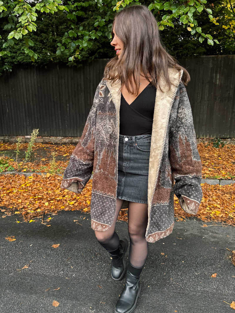 Vintage Woodland Deer Patterned Fleece Jacket With Hood