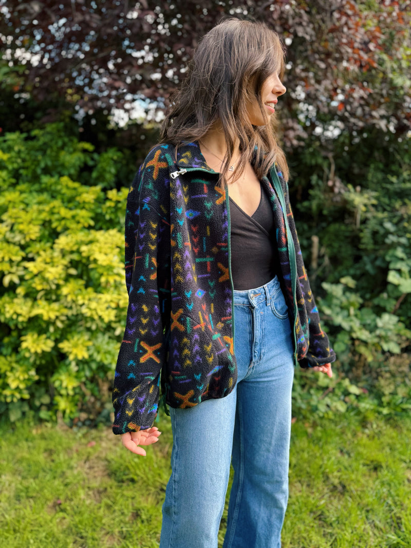 Vintage Abstract Pattern Full Zip Polartec  Fleece Jacket