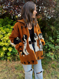 Vintage Dog Pattern Sherpa Teddy Fleece Jacket