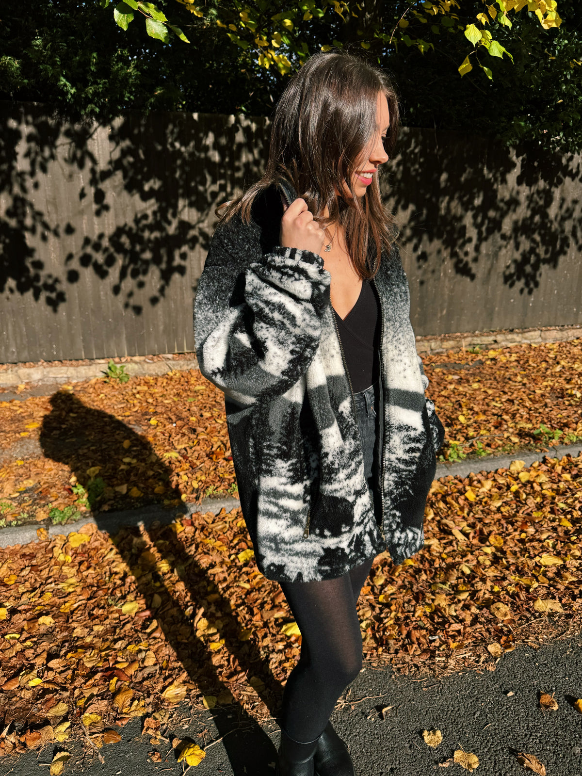 Vintage Mountain Bear Print Full Zip Teddy Fleece Jacket