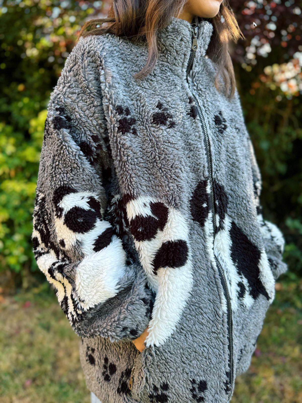 Vintage Dog Pattern Sherpa Teddy Fleece Jacket Grey