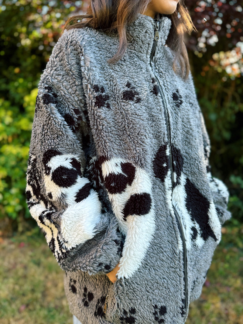 Vintage Dog Pattern Sherpa Teddy Fleece Jacket Grey