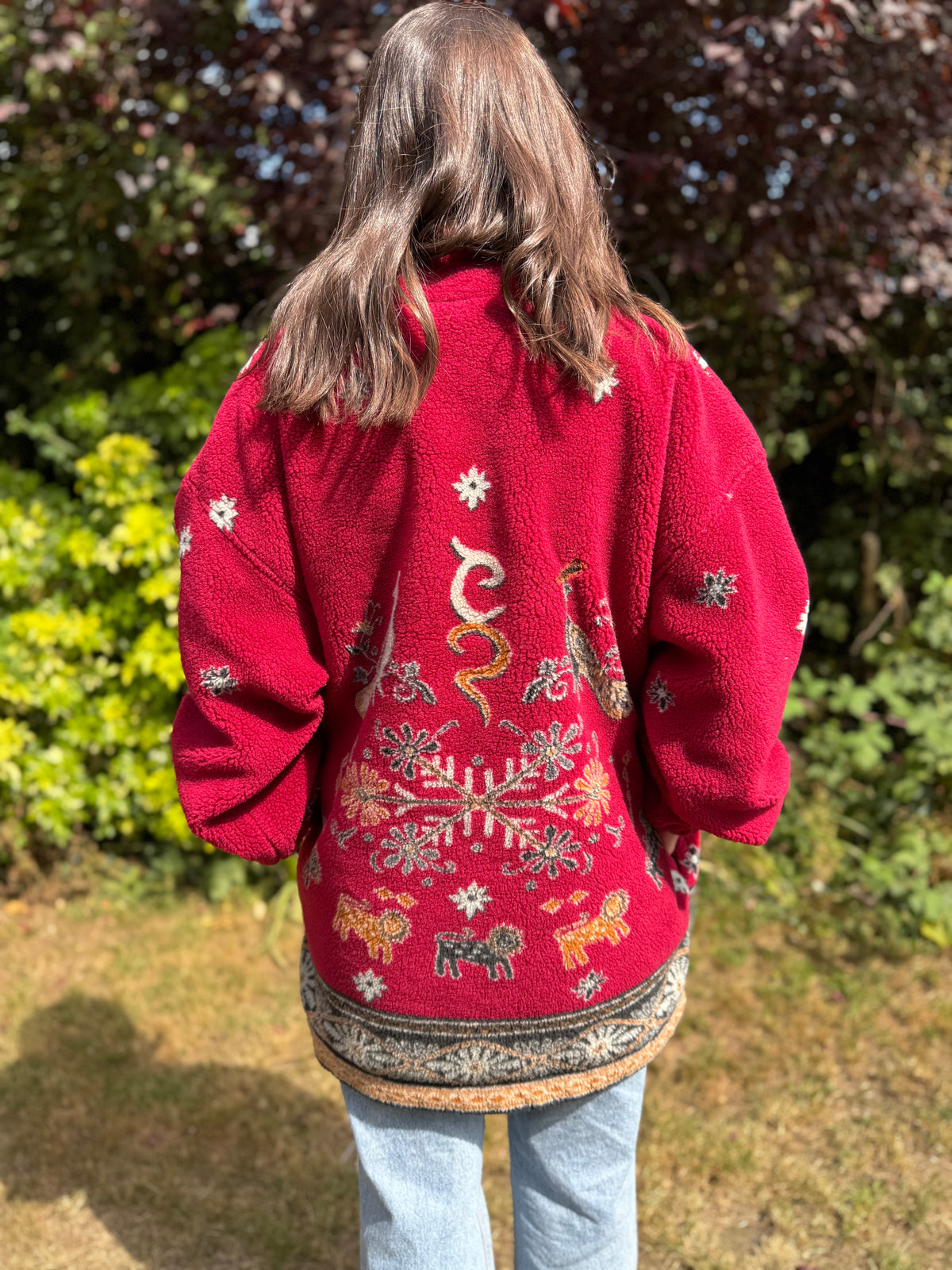 Vintage 1/4 Zip Teddy Borg Fleece Jacket with Folk Animal & Snowflake Pattern